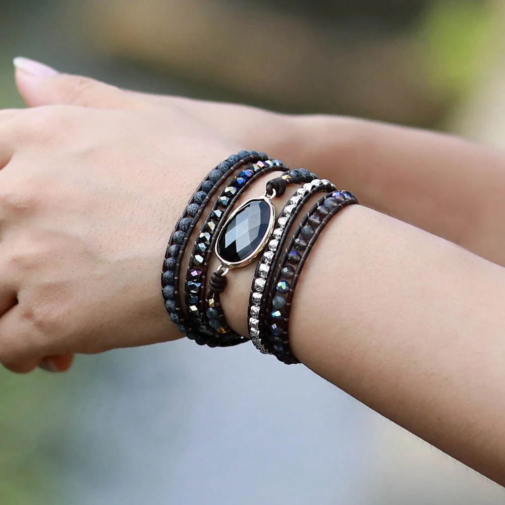 Protective Wrap Bracelet &quot;Moonlight Onyx and Obsidian&quot;