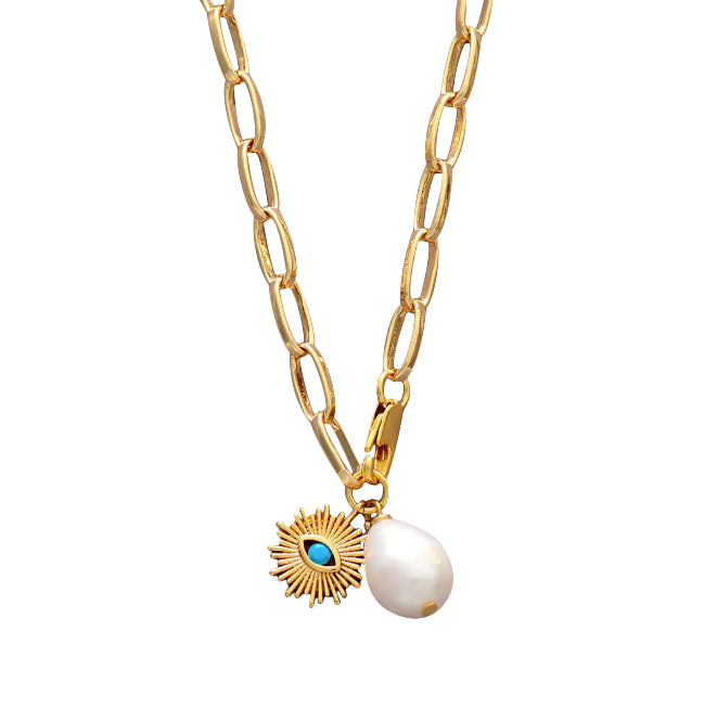 Necklace with Freshwater Pearl and Turquoise Eye Pendant: Balance and Protection