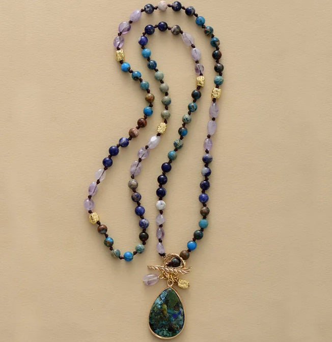 Amethyst and Jasper Mala Necklace with Green Jasper Pendant: Spiritual Balance and Earth-Heaven Connection
