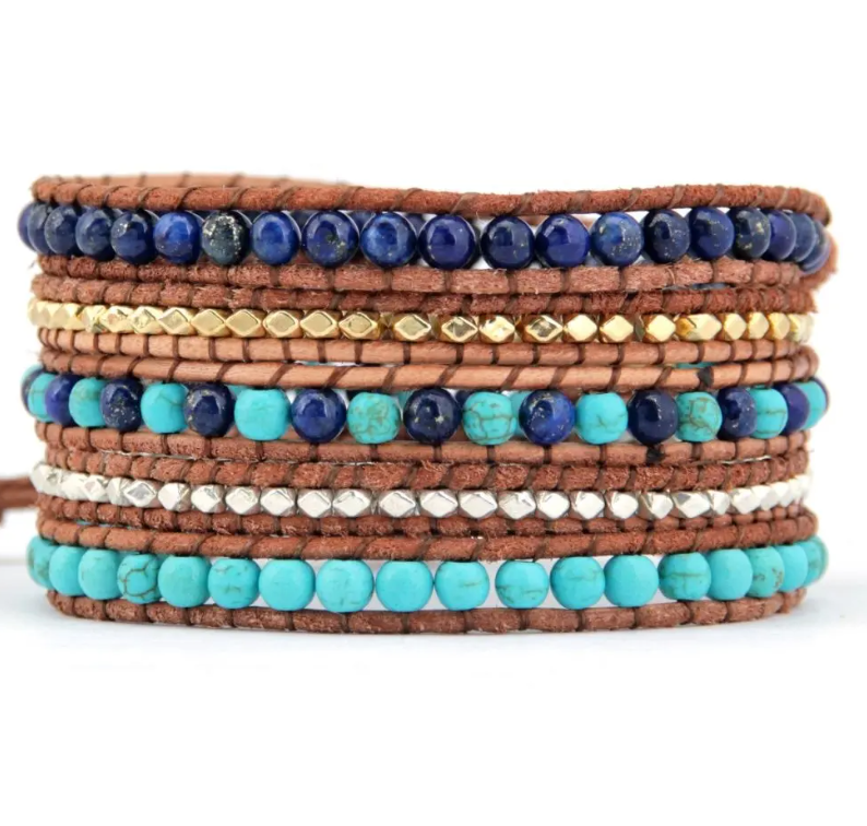 Bracelet Enveloppant en Cristal Naturel, Lapis Lazuli et Turquoise